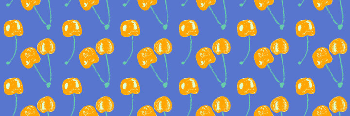 Natural cherry pattern seamless, cherry vector illustrations, hand-drawn berry for vegan banner, juice, jam label design. Ripe berries background for baby food packaging. Cherry banner backdrop.