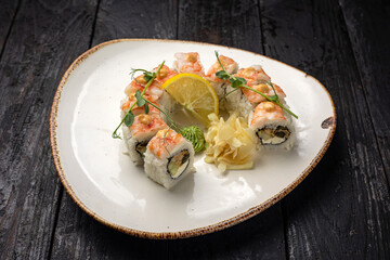 sushi roll with wasabi  on the plate. delicious food, close-up