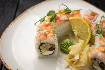 sushi roll with wasabi  on the plate. delicious food, close-up