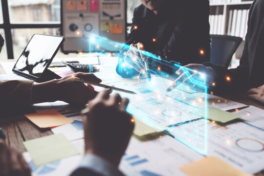 Business teamwork analyzing future digital marketing strategies. digital and big data concept