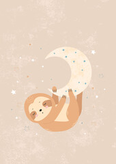 Cute sloth hanging on the moon. Baby illustration for posters, fabric prints, baby cards. Vector. © IVONINA