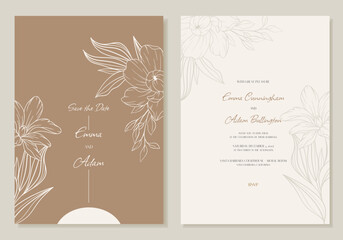 Minimalist wedding invitation with outline flowers, in beige. Rsvp card design template. Vector.