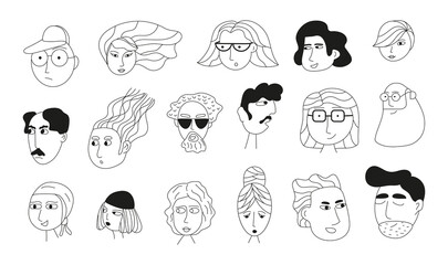 Funny faces doodle people set vector. Portraits of various men and women. Social networks, icons. Line hand drawn family avatars.