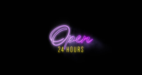 Image of neon open 24 hours on black background