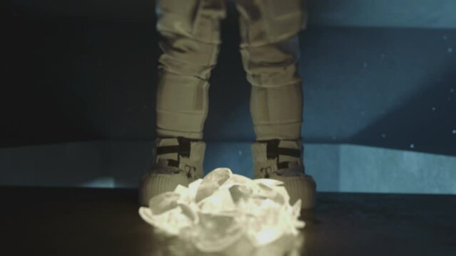 Close up of the moon falling crashing on the ground at the astronaut's feet. Sci-fi interior, space station. 3D animation.