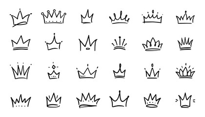 Doodle crown hand drawn set. Doodle princess crown, queen tiara. Line sketch royal element. Queen, king hand drawn simple design element. Isolated vector illustration.