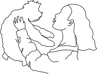 Line woman with labradoodle dog vector illustration.