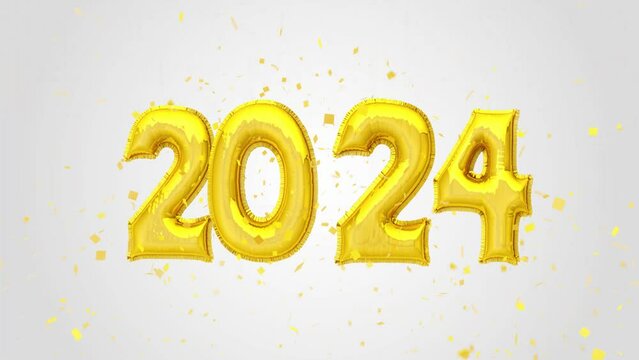 Happy new year 2024 Merry christmas Golden Balloons Text decoration glitter gold confetti on trendy background. Happy new year design, Welcome celebrate greeting card, decorative celebration theme