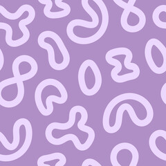 Abstract monochrome seamless pattern with purple doodle shapes in style 60s, 70s. Trendy vector illustration.