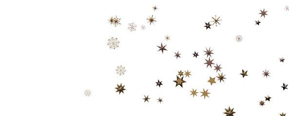 Banner with golden decoration. Festive border with falling glitter dust and stars.