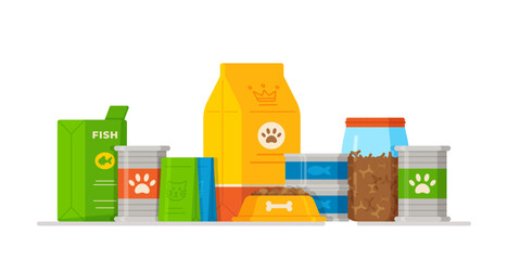 A variety of pet food for different animals. Vector illustration of range pet food. Concept of food. 