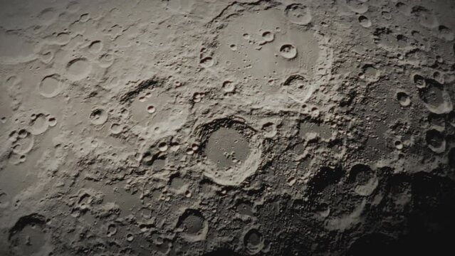 Flight over the surface of the moon. Detailed 3D moon animation. Sci-fi cinematic footage. Clip 2 of 3. 