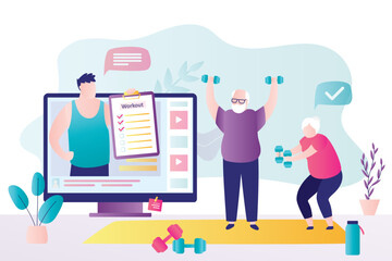 Elderly couple exercising with coach over video call. Personal online instructor monitors training of pensioners