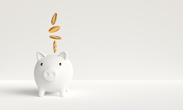 Gold coins falling and dropping to white piggy bank on white background. Concept of savings for investment, financial management, savings for future retirement. with copy space. 3D rendering 