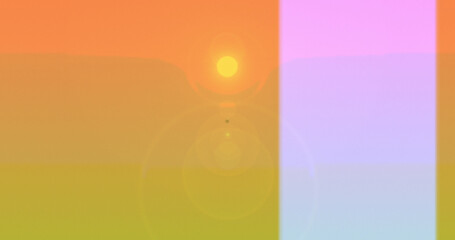 Illustration of white strip over sun setting over mountains at sunset, copy space