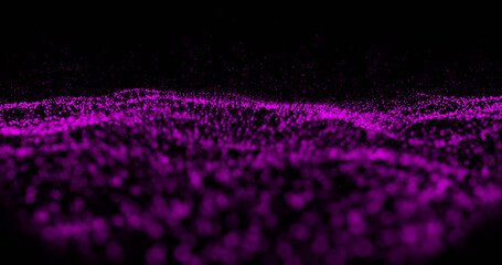 Illustration of purple particles forming wave pattern against black background, copy space