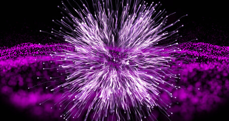 Close-up of illuminated white fiber optics over purple dots against black background, copy space