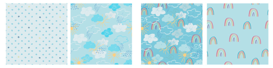 Fototapeta na wymiar Seamless patterns set with with blue sky, clouds, rain showers and sun. Childs drawing style. Wallpaper, backgound for kids. Perfect for baby, toddler clothing, bed linen