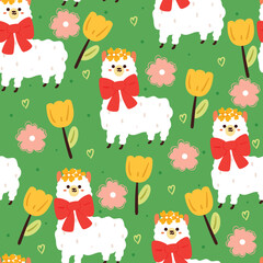 Fototapeta premium seamless pattern cartoon llama and flowers. cute animal wallpaper for textile, gift wrap paper