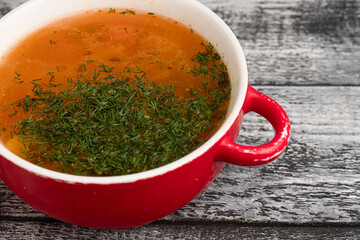 Soup, homemade soup on a wooden white background