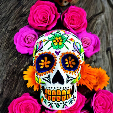 Day of the dead, sugar skull with calaveras makeup, aztec marigold flowers, Mexican holiday