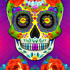 sugar skull with calaveras makeup, Mexican greeting card, Dia de los muertos