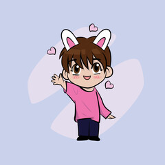 Cute cartoon k-pop boy with bunny ears. poster, sticker, t-shirt, postcard, sticker, tag, bag print. vector
