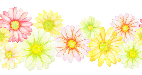 Watercolor seamless line of red and yellow gerberas, isolated on transparent background