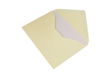 Yellow paper envelope with blank white paper isolated on white