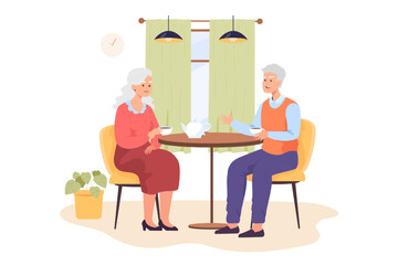 Happy old people drinking tea together at cafe. Senior couple on date, elder person drinking coffee with husband flat vector illustration. Family, old age concept for banner or landing web page