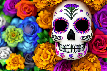 human skull for Day of the Dead, Mexican greeting card