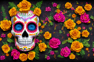 Day of the dead, sugar skull with calaveras makeup, aztec marigold flowers