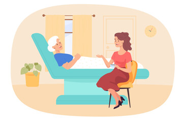 Obraz na płótnie Canvas Young woman sitting beside elderly lady lying in hospital bed. Female character holding cup of tea and talking to grandmother in medical ward flat vector illustration. concept for banner, landing page