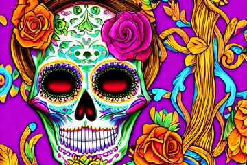 Day of the dead, sugar skull with calaveras makeup, colorful Mexican flowers, greeting card