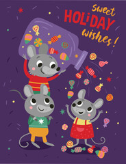 Mice and candy. New Year's Christmas card