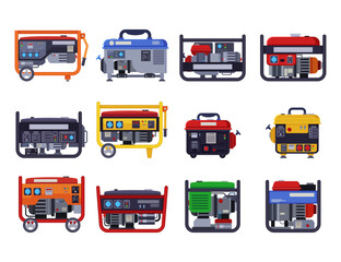 Different petrol generators vector illustrations set. Collection of cartoon drawings of portable electric power generators isolated on white background. Technology, electricity, energy or fuel concept