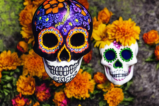 Day of the dead, Dia de los muertos, sugar skull with calaveras makeup, Mexican greeting card