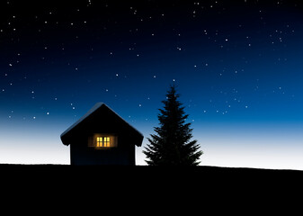 Blockhütte mit beleuchtetem  Fenster und Tannenbaum bei Nacht im Winter