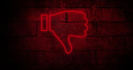Image of neon dislike symbol over brick wall