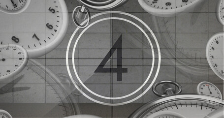 Image of number four in vintage black and white film projector countdown with clocks and watches