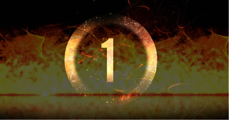 Image of ring and glowing number one in dramatic countdown over flaming fire background