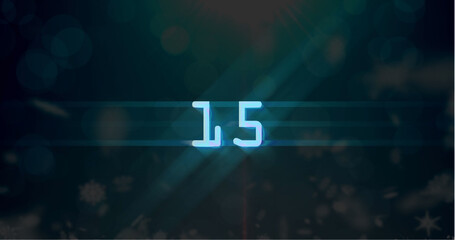 Image of blue retro digital number fifteen in countdown with screen flare on black background