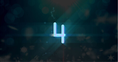 Image of blue retro digital number four in countdown with screen flare on black background