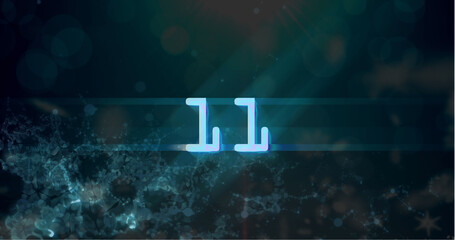 Image of blue retro digital number eleven in countdown on damaged screen with black background