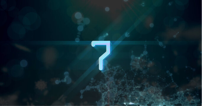 Image of blue retro digital number seven in countdown on damaged screen with black background