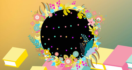 Illustration of black globe with colorful dots, flowers and books on gradient background, copy space