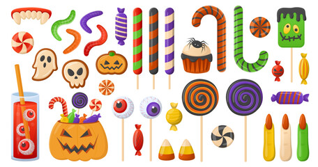 Spooky Halloween candies vector illustrations set. Collection of cartoon drawings of Halloween drink and sweet treats in shape of eye, finger, ghost on white background. Halloween, sweet food concept