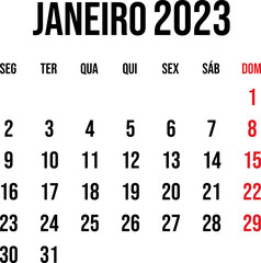 January 2023 calendar vector in flat and clean style, week start on monday