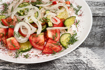 Salad, salad with vegetables on a wooden white background