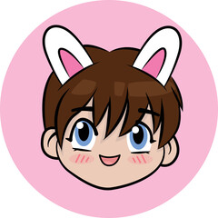 Cute cartoon k-pop boy with bunny ears. for avatars, stickers, t-shirts, postcards, stickers, print on the bag. vector